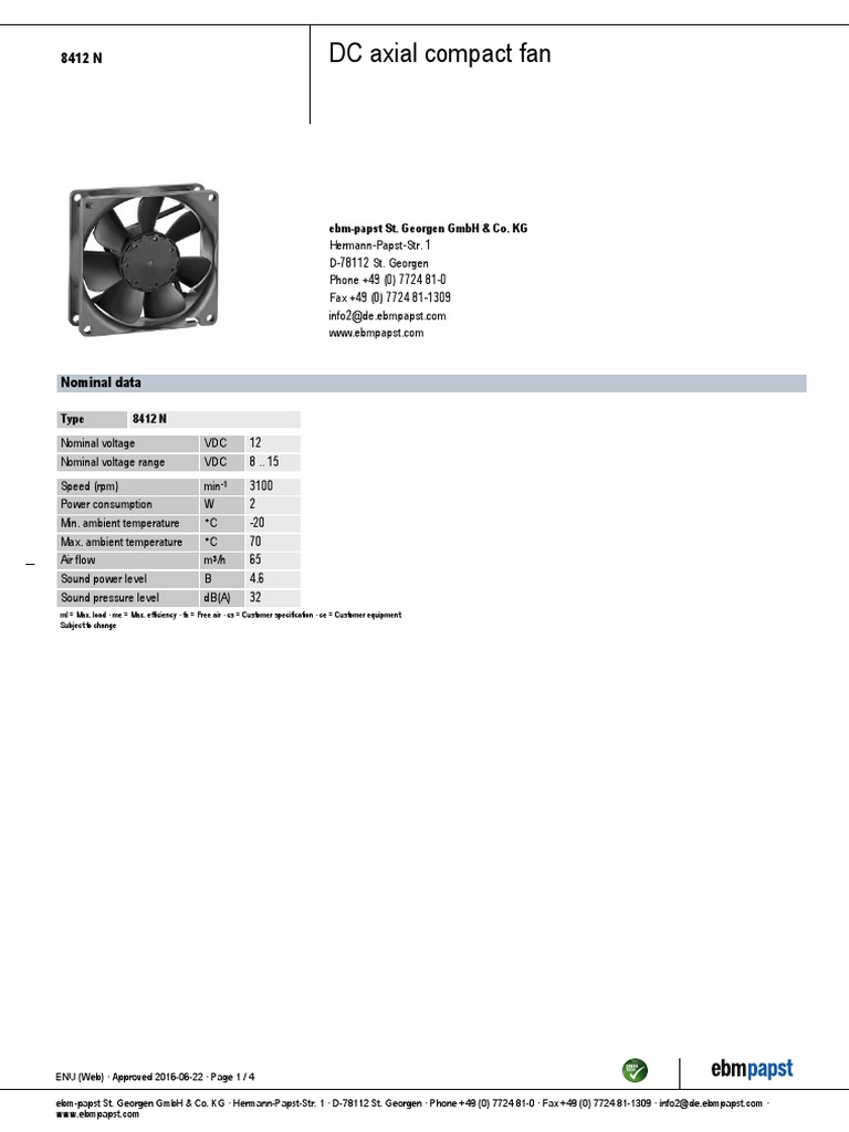 Ebm Papst 8412n Datasheet Pdf Electrical Engineering Electricity