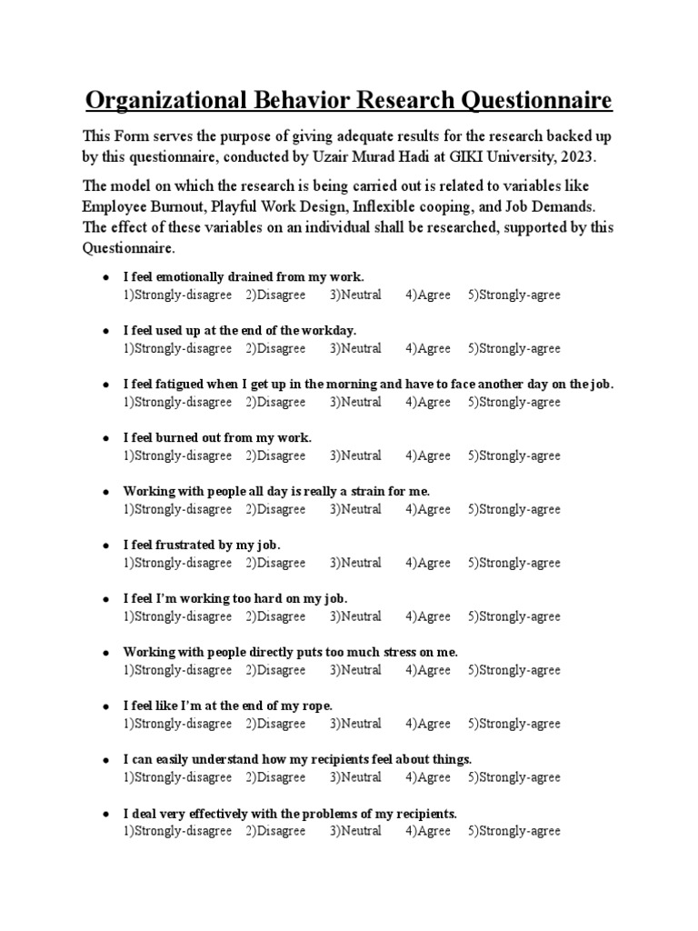Uzair Questionnsire PDF Occupational Burnout Psychology