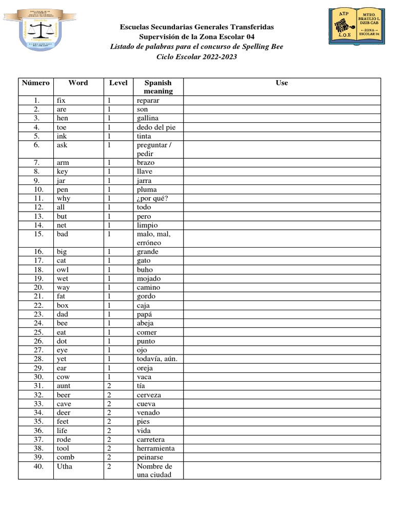 Spelling Bee List All Levels PDF