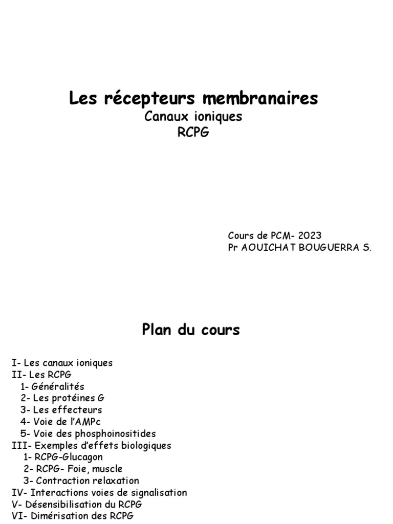 Récepteurs membranaires : canaux et RCPG | PDF | Synapse | Membrane ...