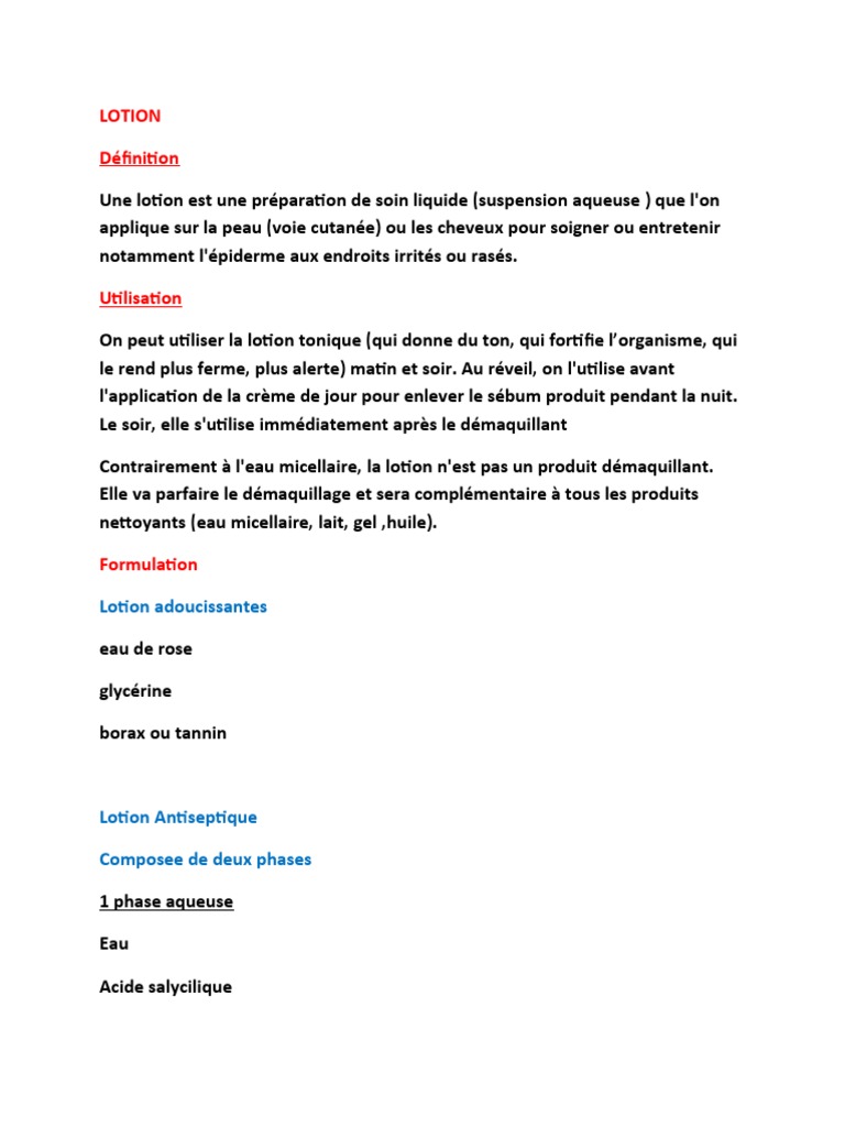 Définition et Formulation de Lotion | PDF | Glycérol | Peau