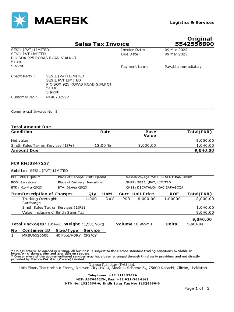 Logistics Invoice for SESIL | PDF | Invoice | Business Economics