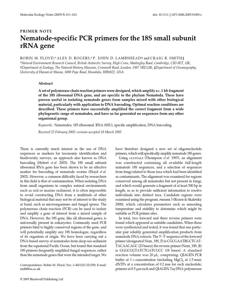 Molecular Ecology Notes 2005 FLOYD Nematode‐Specific PCR Primers