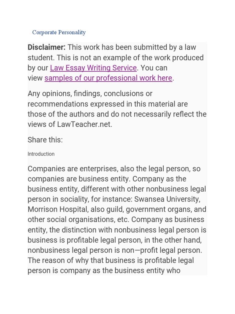 Theories of Corporate Personality in Law | PDF | Limited Liability ...