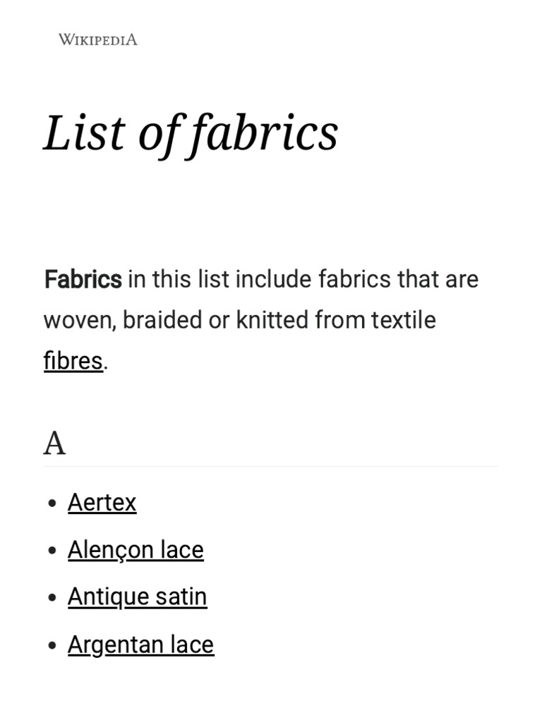 List of Fabrics Wikipedia PDF Textiles Lace