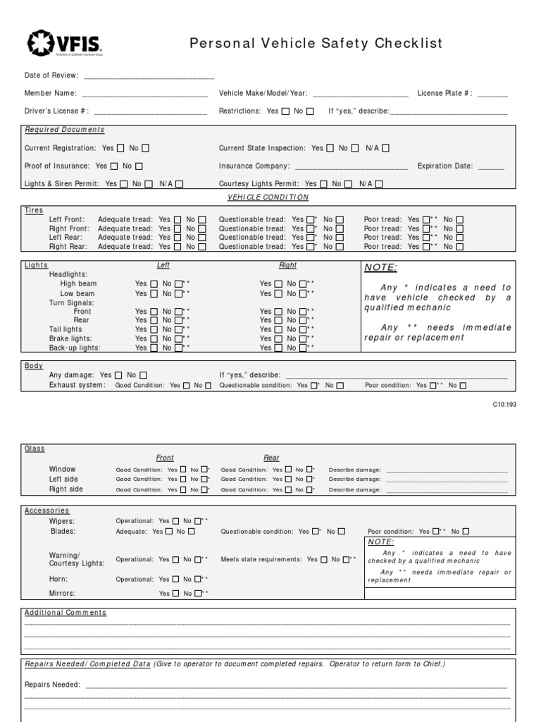 Vehicle Safety Checklist PDF Automotive Industry Automotive