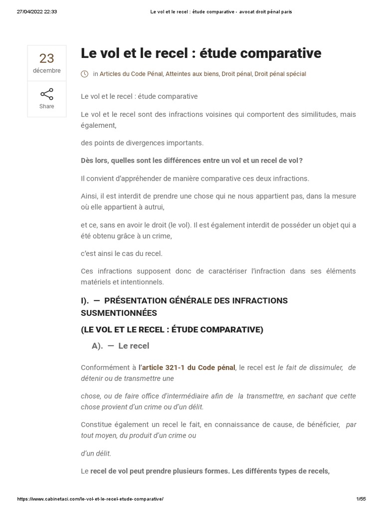 Le Vol Et Le Recel - Étude Comparative - Avocat Droit Pénal Paris | PDF