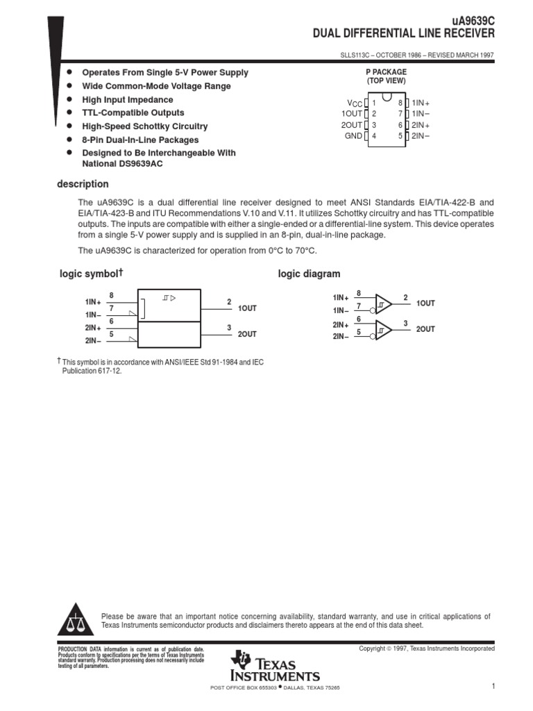 Datasheet - UA9639 DUAL DIFFERENTIAL LINE RECEIVER | PDF | Logic Gate ...