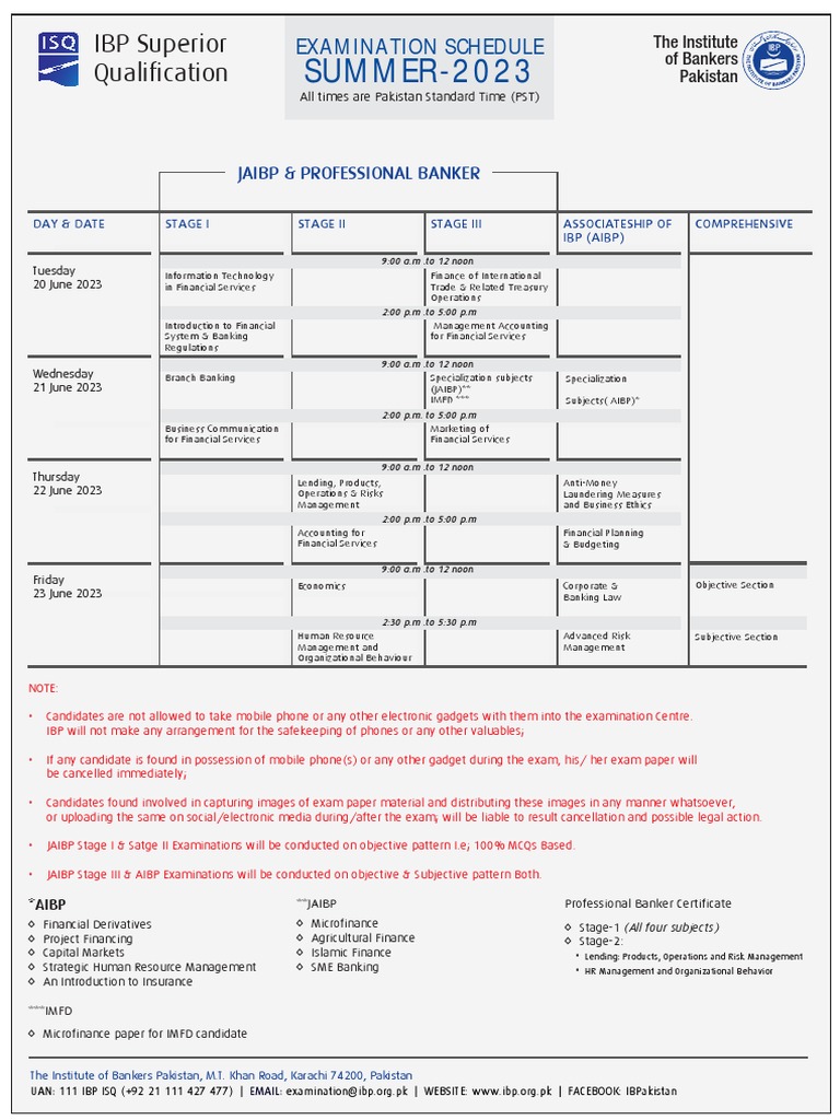 JAIBP Summer 2023 Exam Schedule | PDF | Banks | Accounting