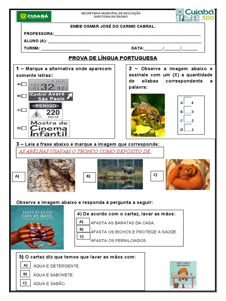 Prova de Português - 3º Ano EMEB | PDF