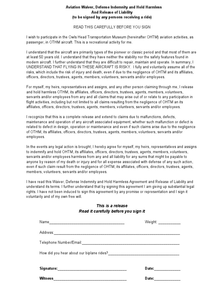 Aviation Waiver PDF Indemnity Civil Law (Legal System)