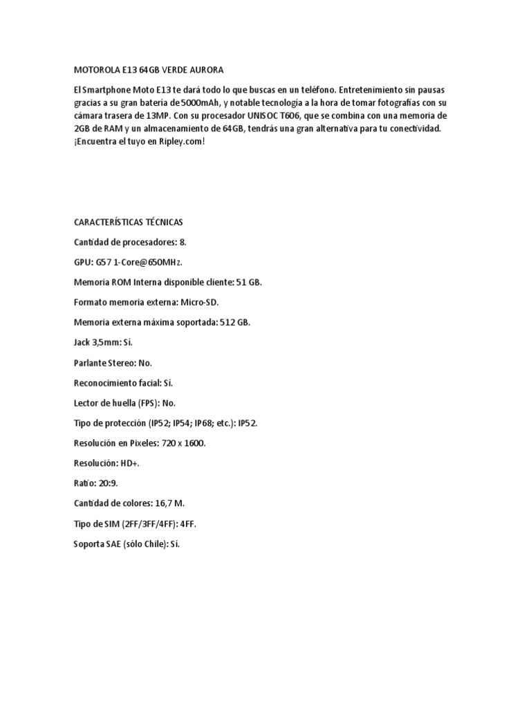 Motorola e13 64gb verde aurora pdf