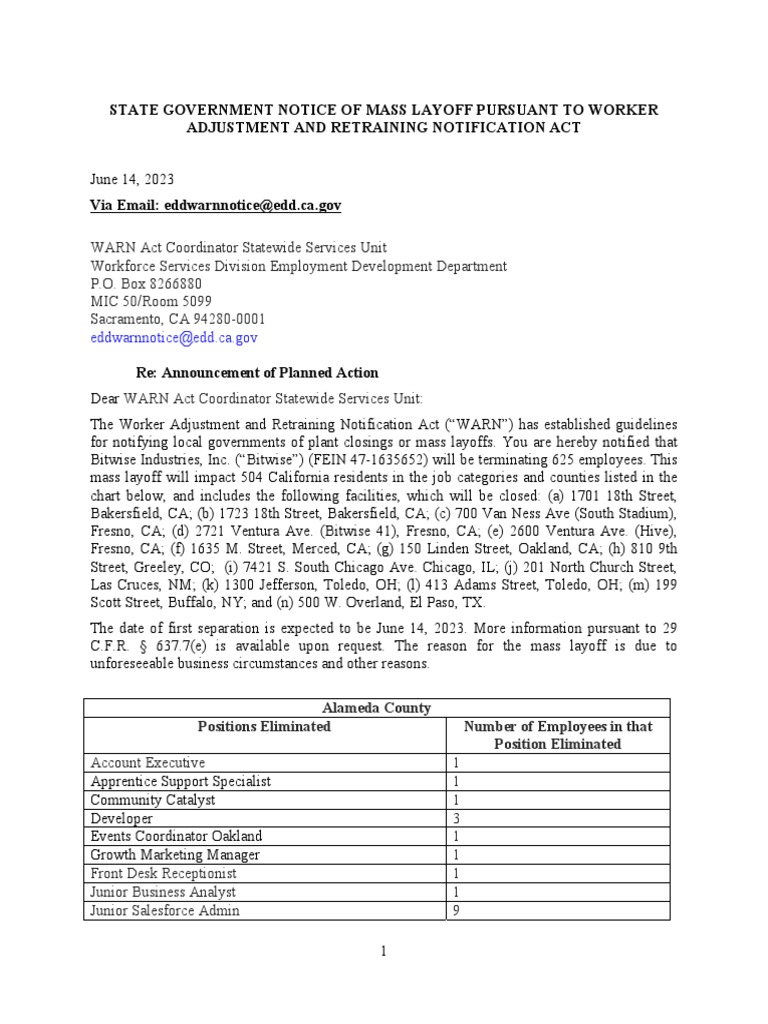 (California) WARN Notice To State Dislocated Worker Unit and Chief
