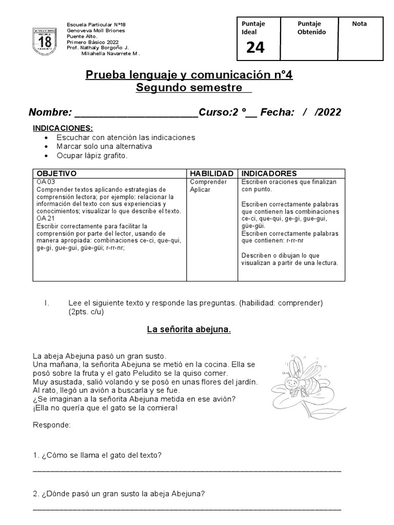 Prueba de Lenguaje 2° Básico 2022 | PDF