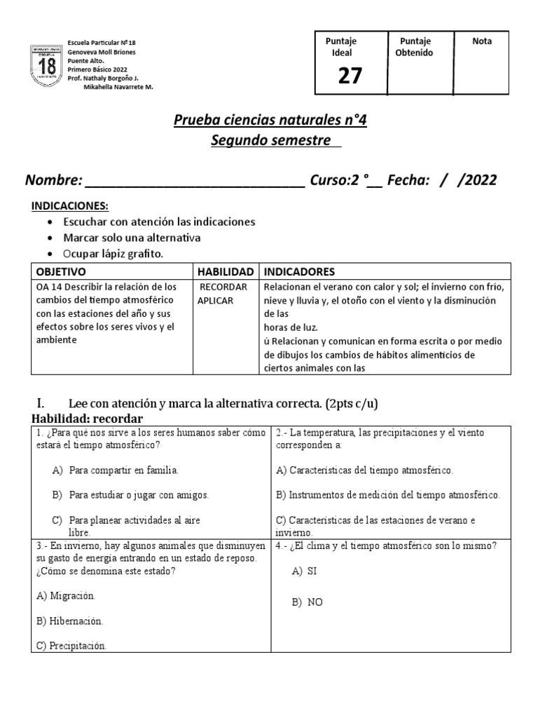 Prueba De Ciencias Naturales 2 Básico Pdf Clima Atmósfera
