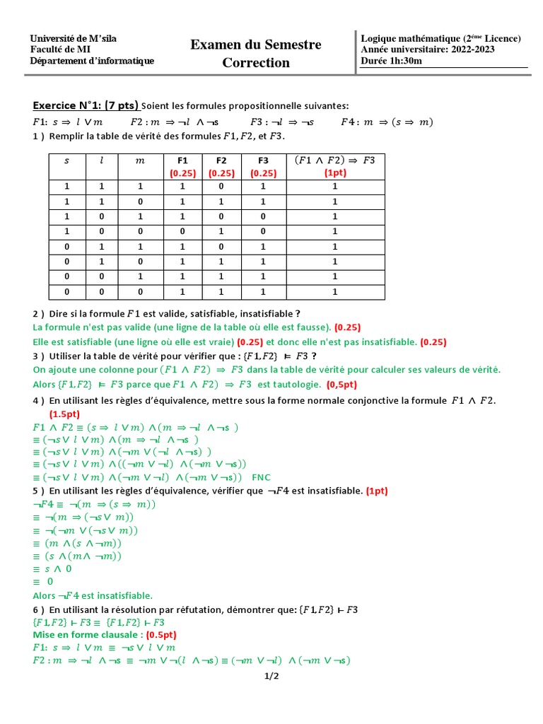 Correction d'examen de logique mathématique | PDF | Métalogique ...