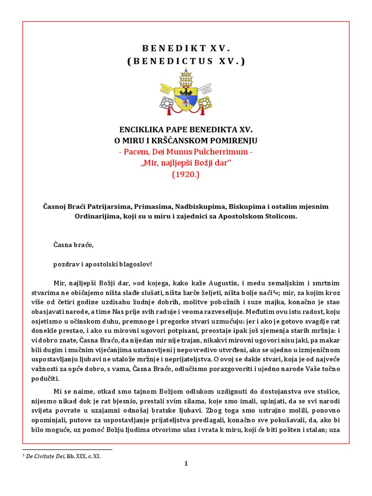 Benedikt XV. 1920 05 23 Enciklika Pacem, Dei Munus
