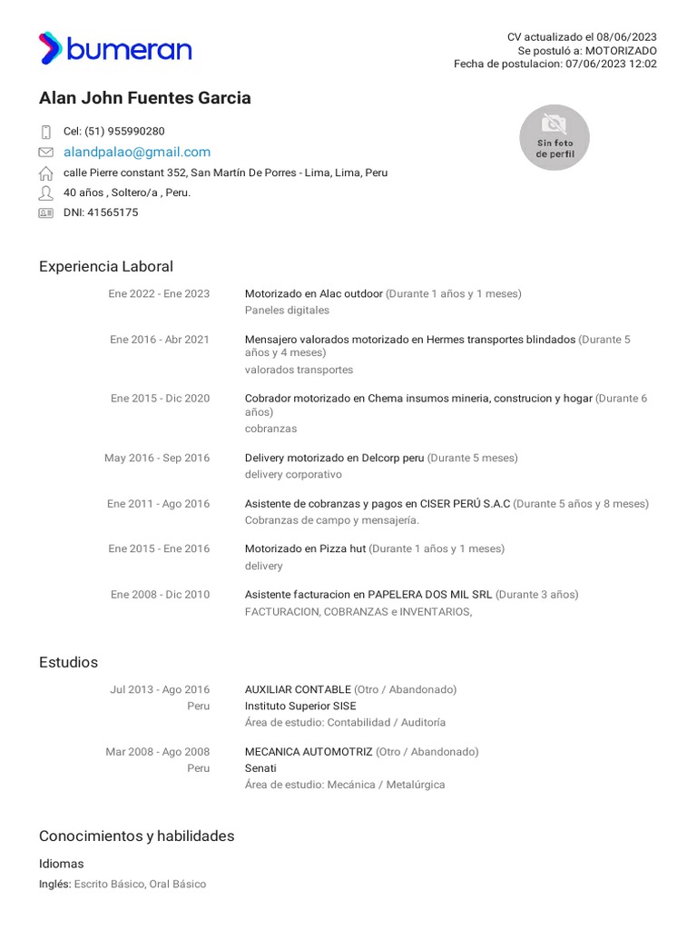 CV de Alan Fuentes: Motorizado con Experiencia | PDF | Business