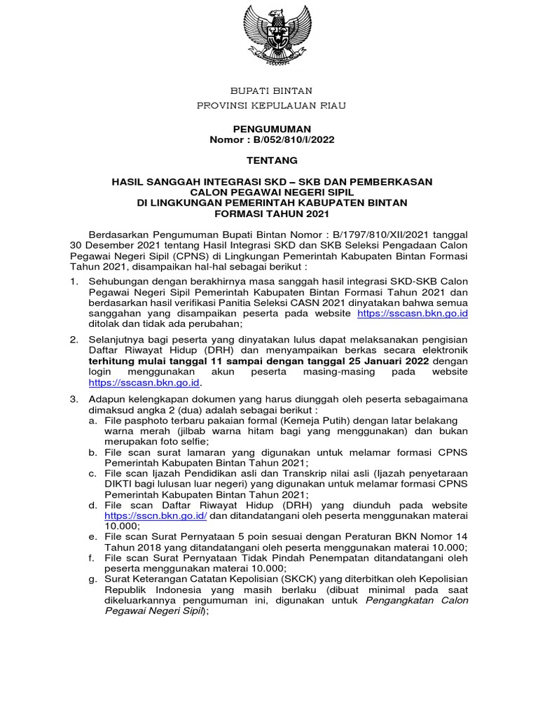 Pengumuman Hasil Sanggah Integrasi SKD SKB Dan Pemberkasan CPNS Pemkab. Bintan PDF