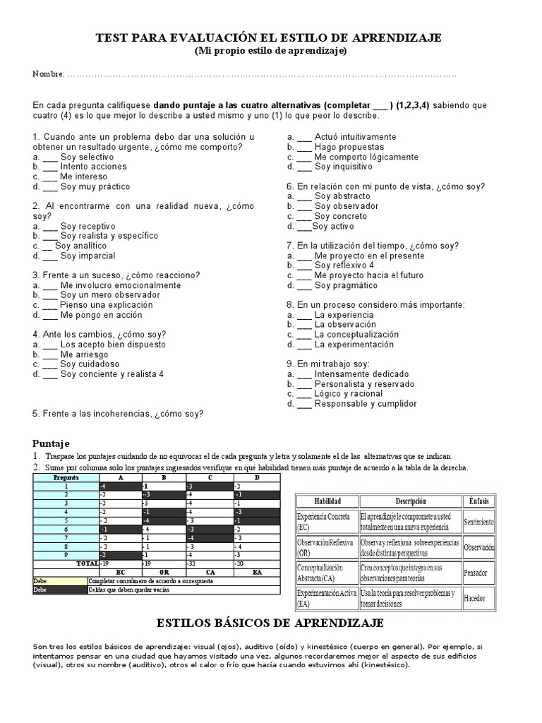 Test de Estilo de Aprendizaje | PDF | Crecimiento personal y ...