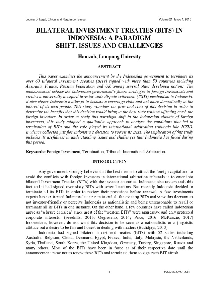 Bilateral Investment Treaties Bits in Indonesia A Paradigm Shift Issues