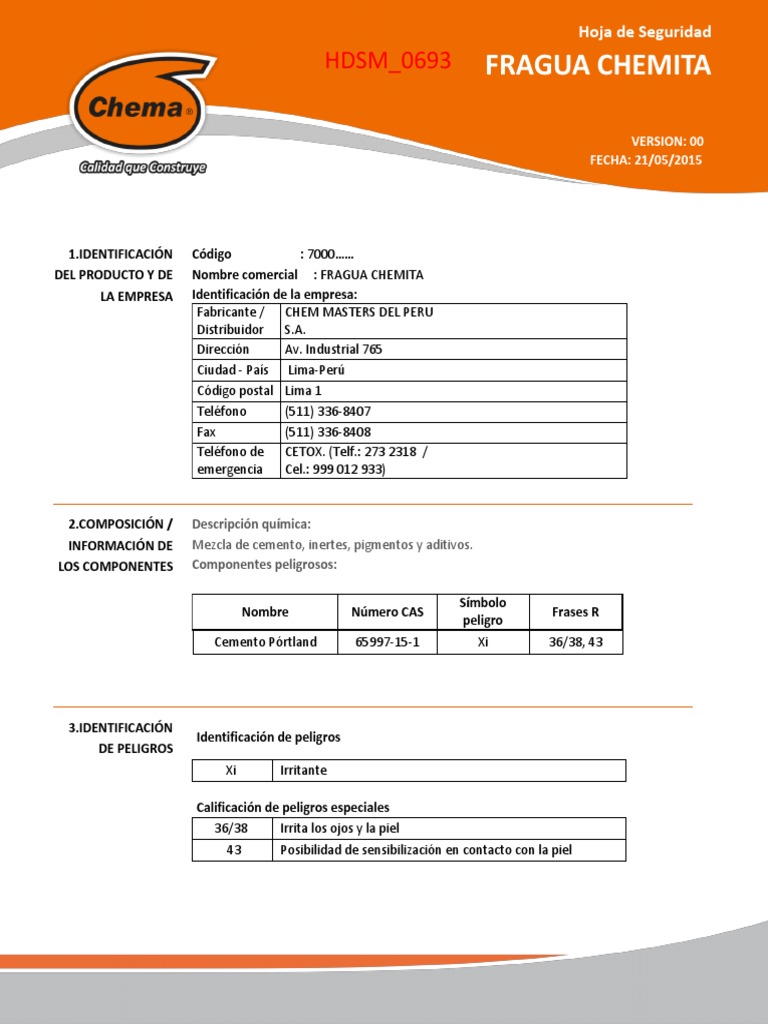HDSM 0693 Msds Fragua-Chemita 01.05.2015 | PDF | Agua | Residuos