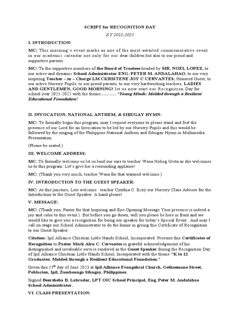Script for Recognition Day | PDF