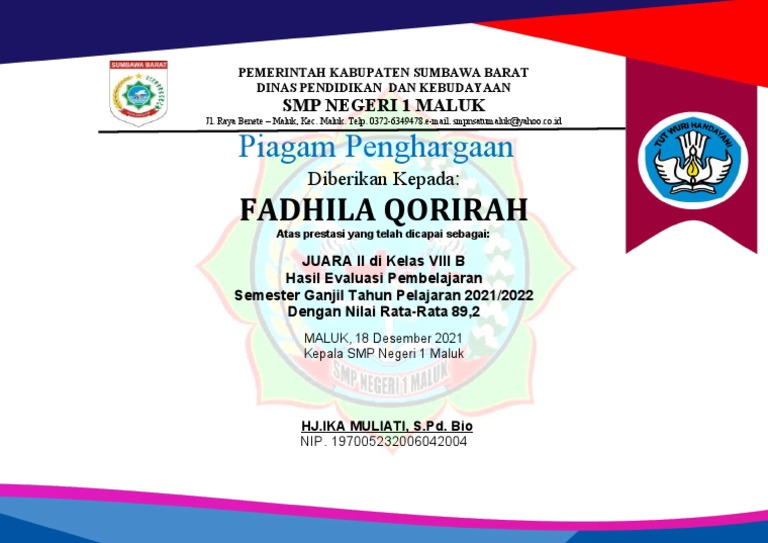 Piagam Penghargaan Juara Kelas Pdf