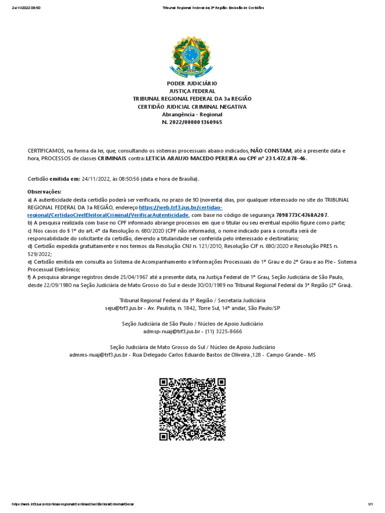 Certidão Judicial Criminal Negativa TRF3 | PDF | Brasil | Governo