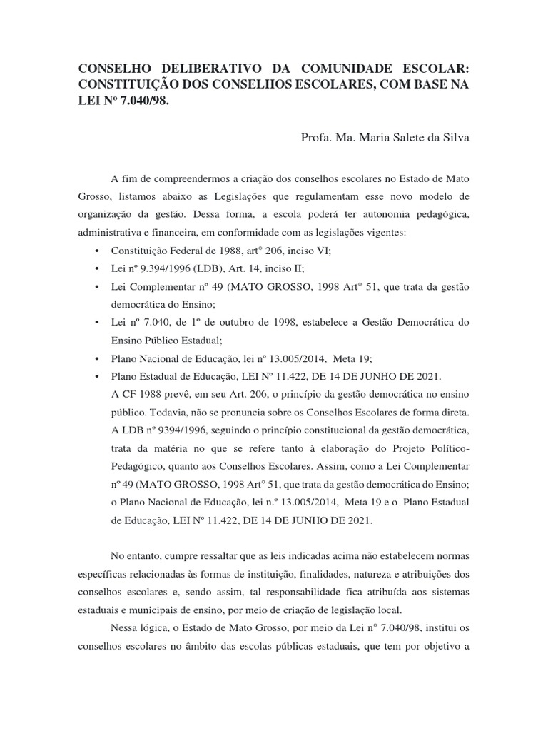 Conselho Deliberativo Escolar em Mato Grosso | PDF | Pedagogia