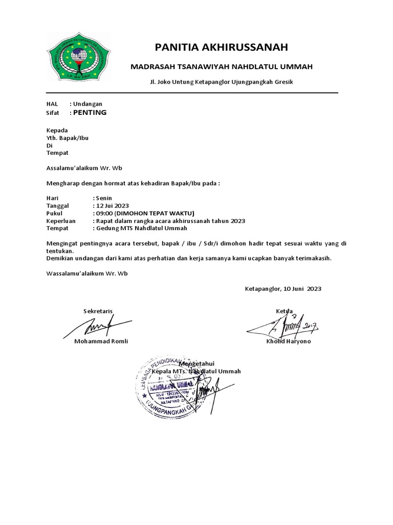 Surat Undangan Akhirussanah | PDF