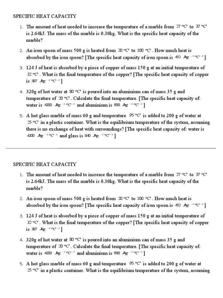 Specific Heat Capacity Calculations | PDF | Heat | Heat Capacity
