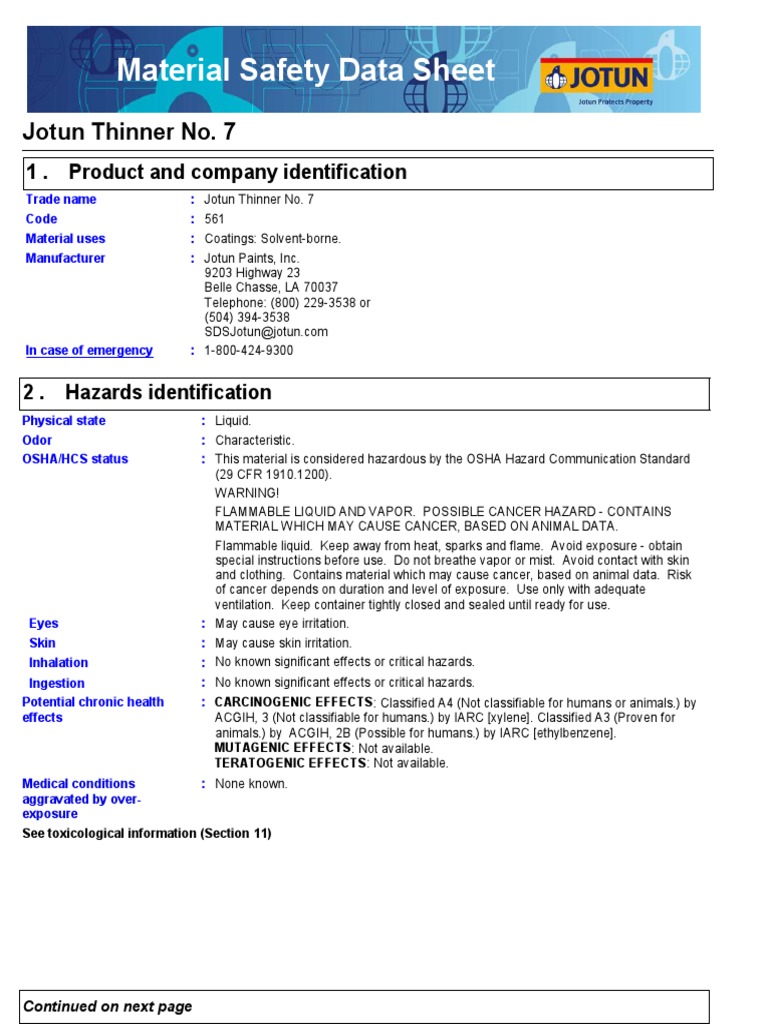 Sds Jotun Thinner No 7 PDF Waste Personal Protective Equipment