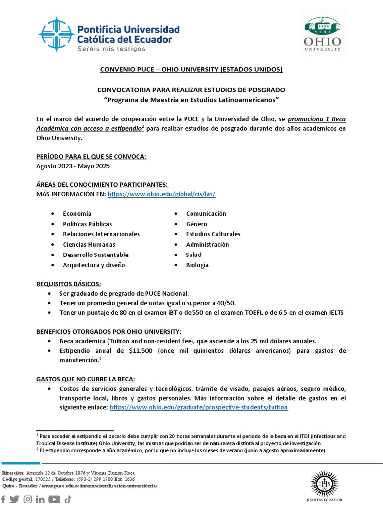Beca de Posgrado PUCE-Ohio University 2023 | PDF