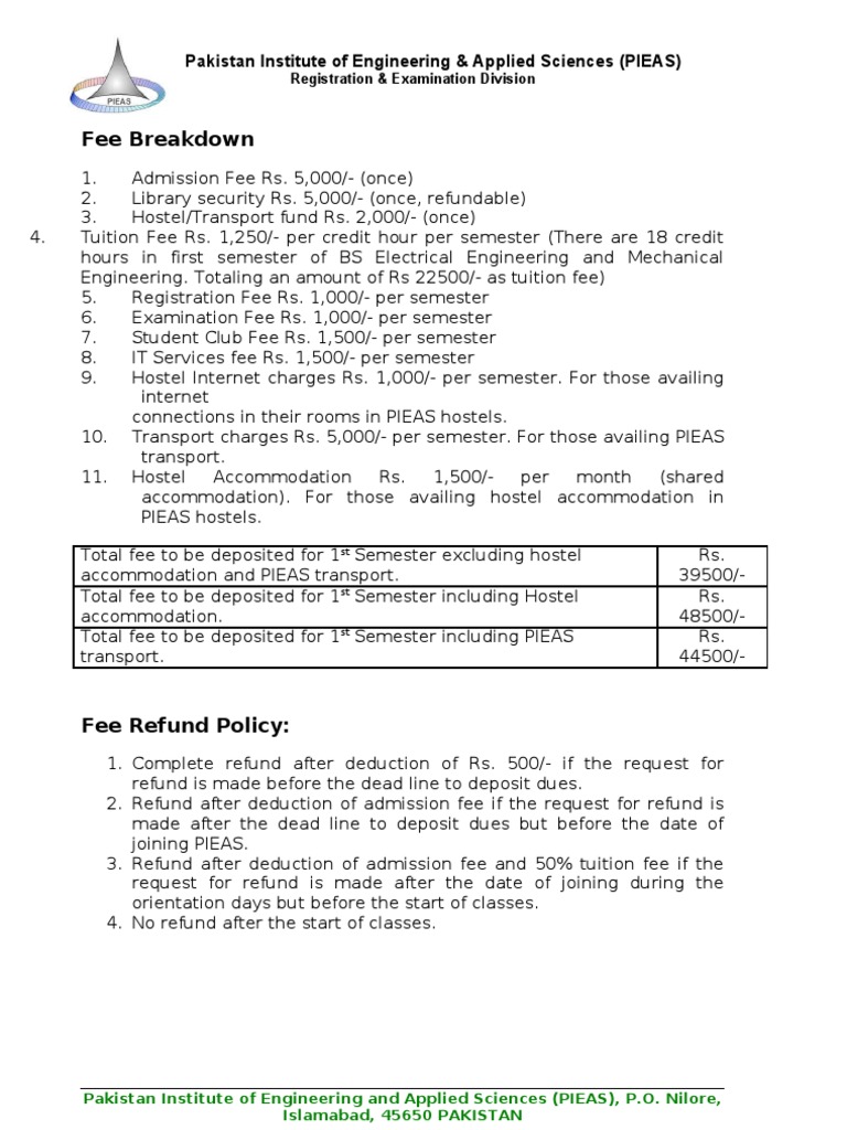 PIEAS Admission Fee Structure 2023 | PDF