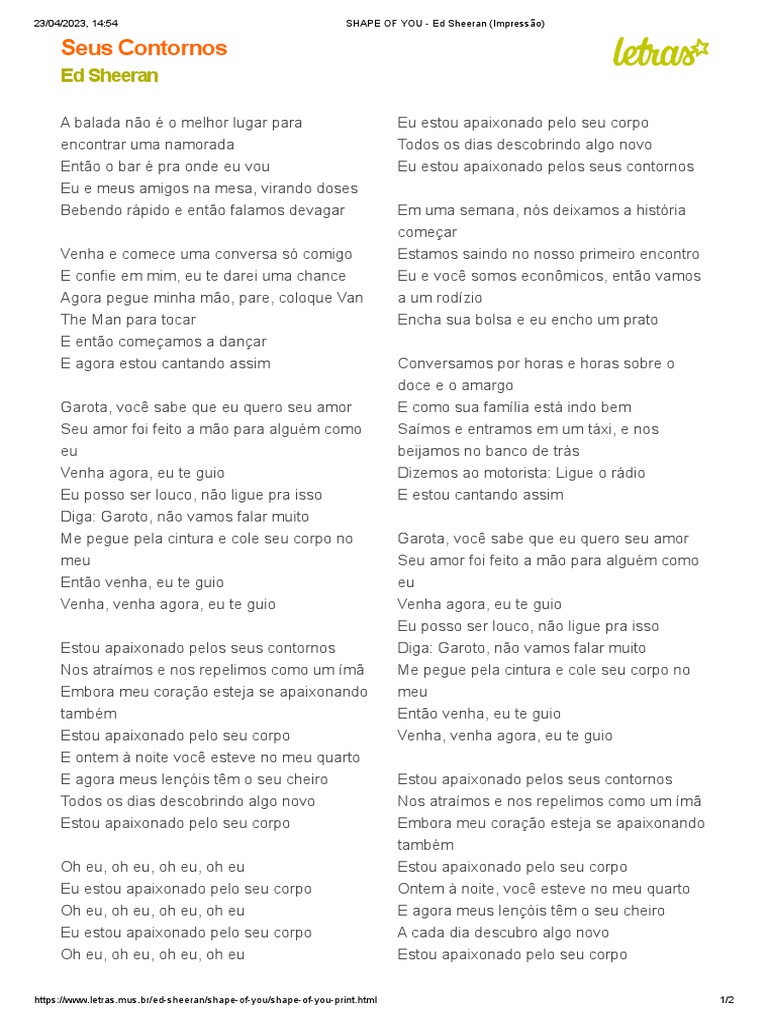 TRADUÇÃO da LETRA, SHAPE of YOU do ED SHEERAN