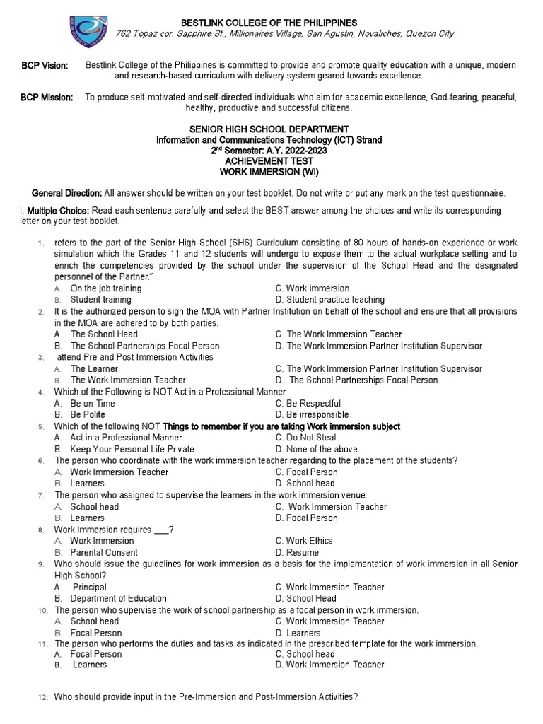 Work Immersion Achievement Test Guide | PDF | Project Management ...
