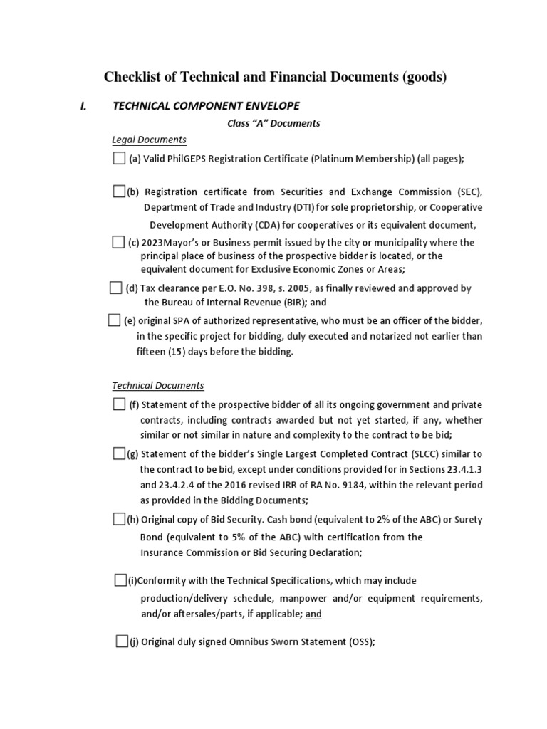 CHECKLIST OF TECHNICAL and FINANCIAL DOCUMENTS | PDF