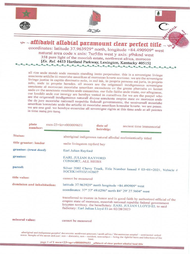 Affidavit Allodial Paramount Clear Perfect Title Silver 2002 Chevy