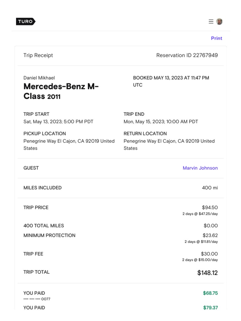 Turo Trip Receipt for Reservation 22767949 | PDF