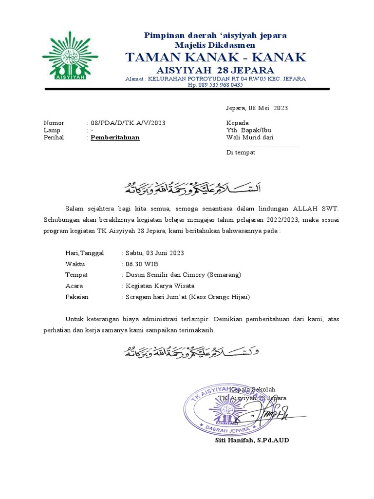 surat pemberitahuan TK karya wisata - Copy | PDF