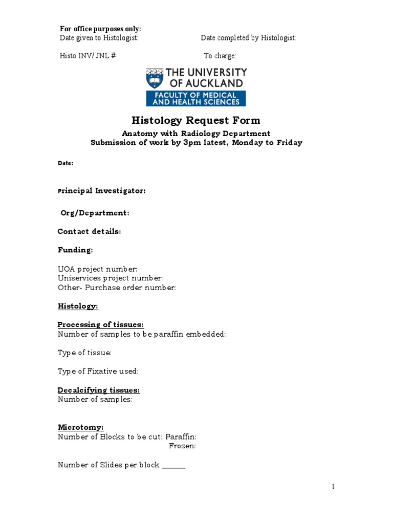 Histology Request Form Uoa PDF