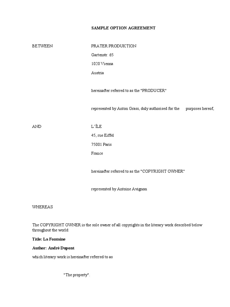 Sample Option Agreement - Book To Film or TV | PDF