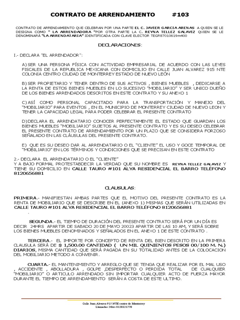 Contrato de Renta de Mobiliario para Eventos | PDF