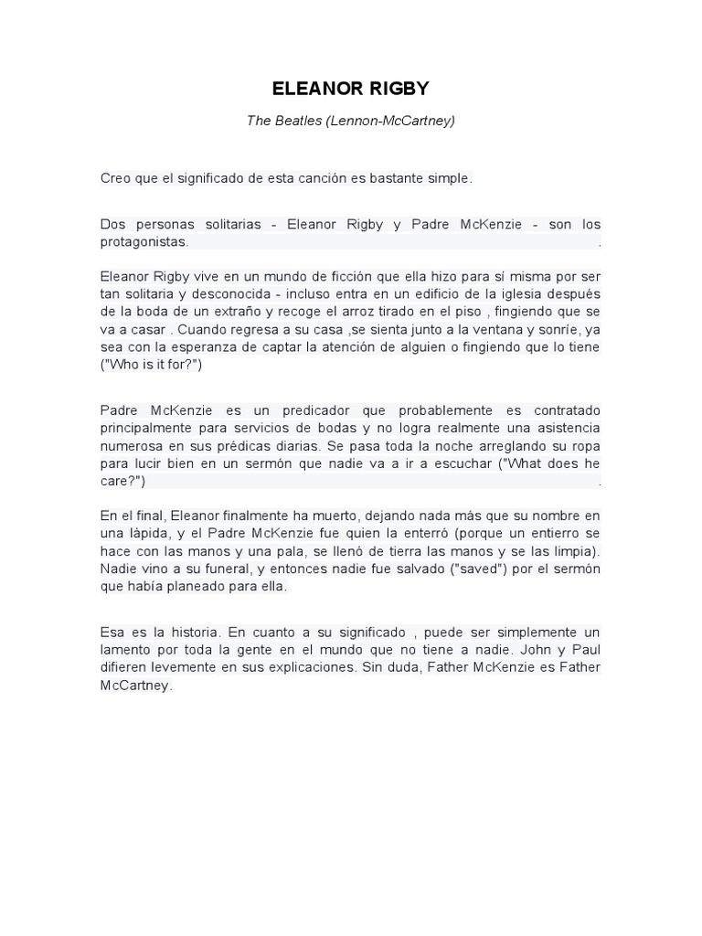 ELEANOR RIGBY - BEATLES - Significado | PDF | Los Beatles