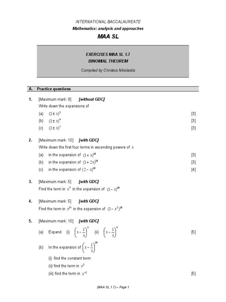 IB Math SL Binomial Expansion Exercises | PDF | Mathematics | Complex ...