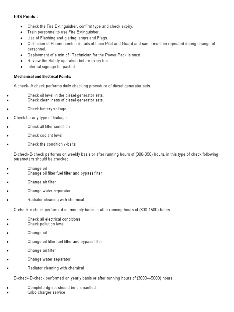 EHS and DG Set Maintenance Checklist | PDF | Diesel Engine | Vehicle ...