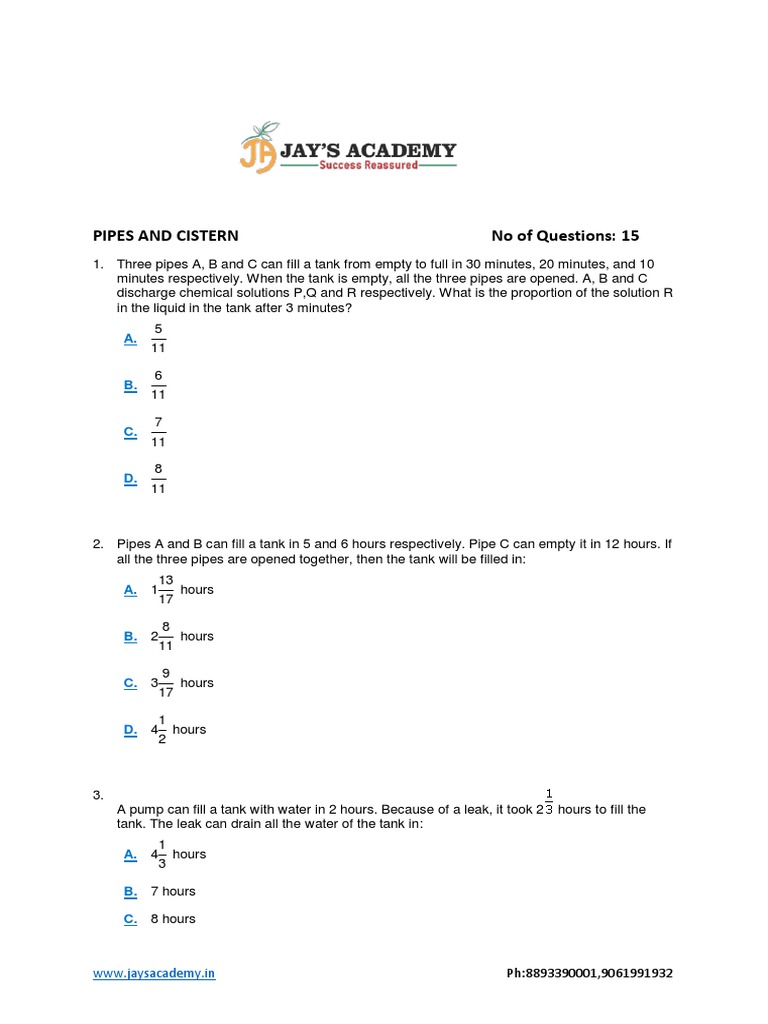 Pipes and Cisterns Practice Questions | PDF | Applied And ...