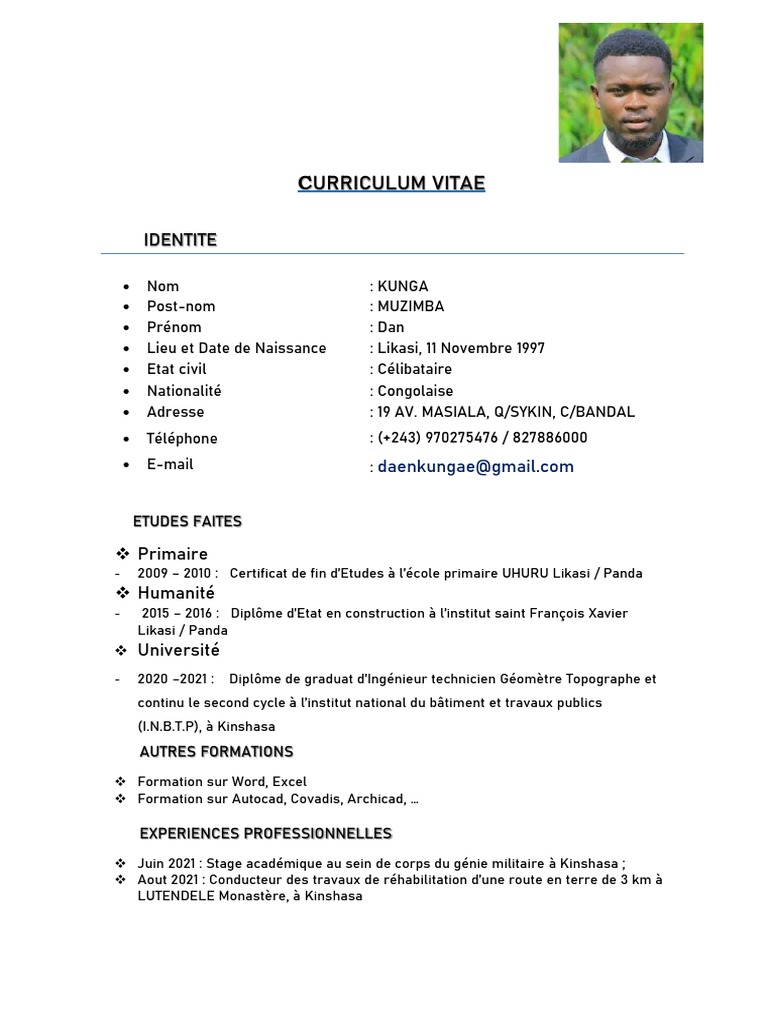 CV Géomètre Topographe - Kinshasa 2024 | PDF