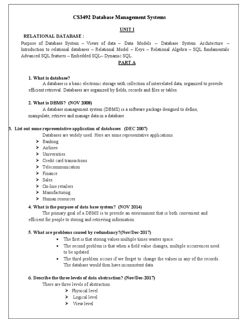 CS3492 Database Management Systems Two Mark Questions 1 | PDF ...
